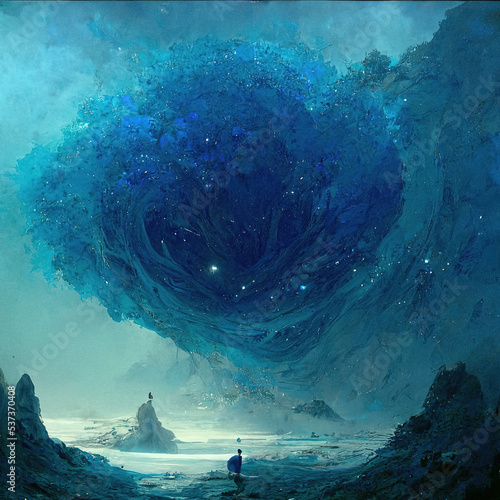 Fairy tale mystery place monochrome drawing of an abstract landscape blue portal to a different galaxy or large blue tree appearing in the sky mountains, magical scenery imaginary place cold photo