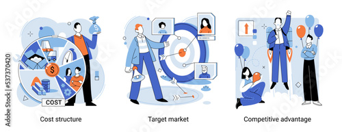 Metaphor set of business marketing vector illustration. Cost structure, target market, conpetitive advantage. People dealing with business management, marketing strategy, financial development