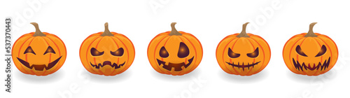 Collection of Halloween pumpkins with various different designs on white background. Scary and funny faces of Halloween pumpkin head jack lanterns. Design elements for logo, poster, emblem. EPS10. 