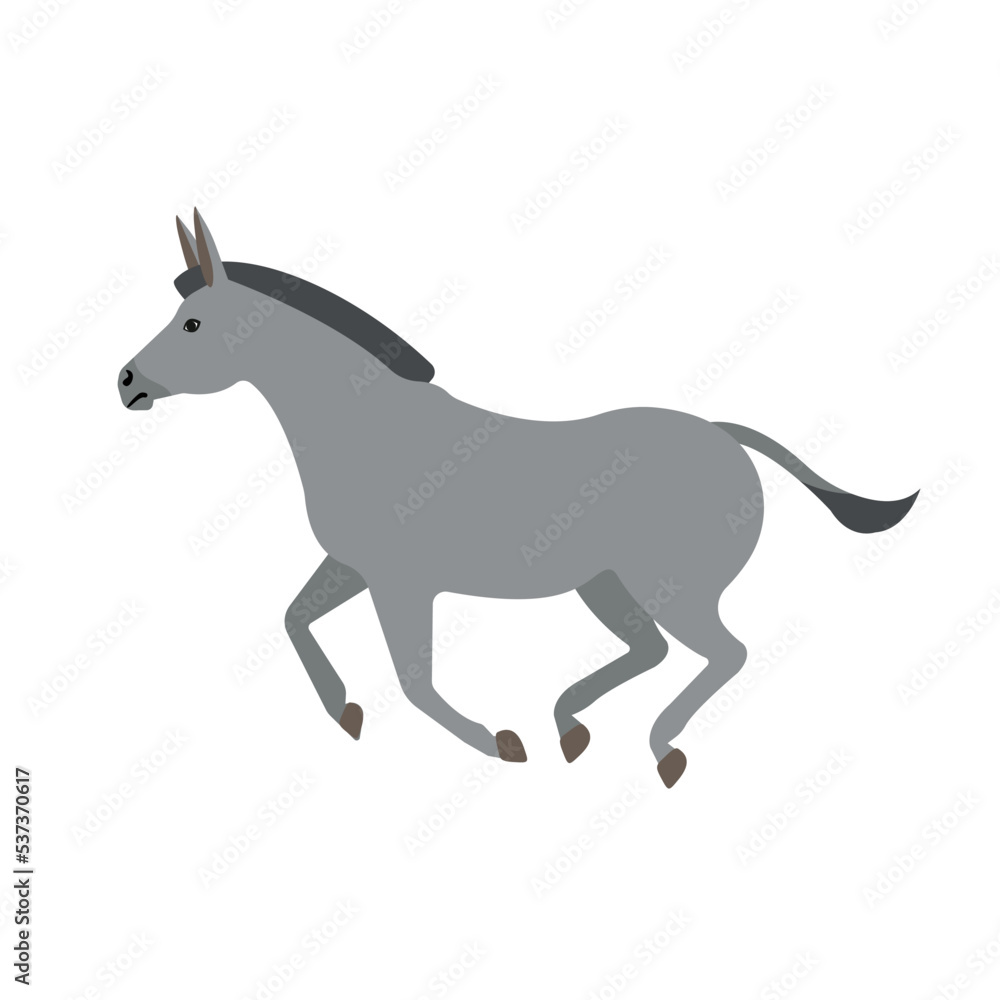 Vector hand drawn flat running donkey isolated on white background