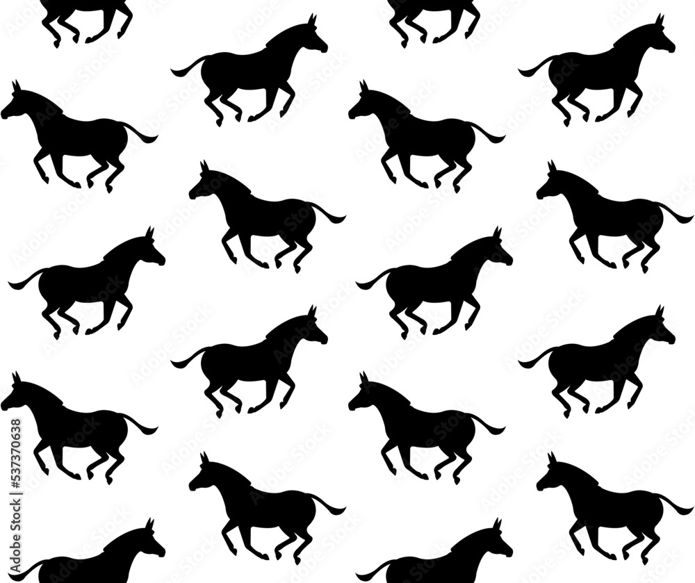 Vector seamless pattern of hand drawn flat running donkey silhouette isolated on white background