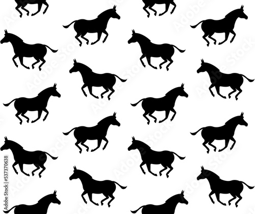 Vector seamless pattern of hand drawn flat running donkey silhouette isolated on white background