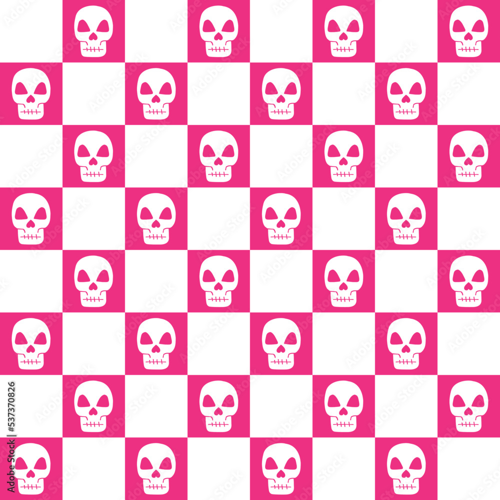 Vector seamless pattern of skull and chess board isolated on pink background