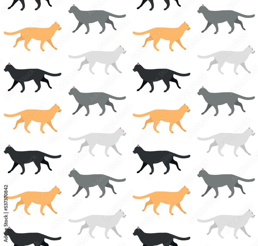 Vector seamless pattern of flat hand drawn cat isolated on white background