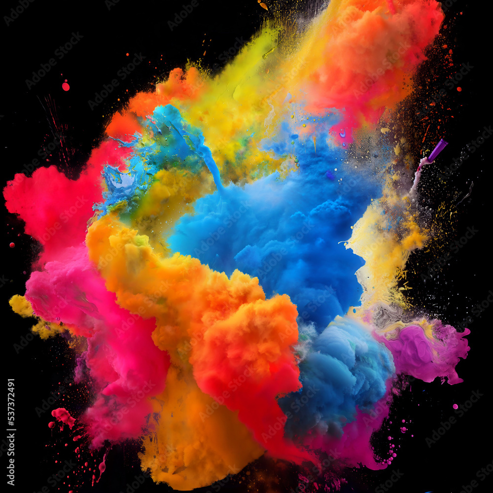 Explosion of vivid colors. Blue, orange, yellow, red and Purple abstract cloud of paint, ink and chalk particles  flowing in water. Fantasy dream scape and artistic resource.  Generative AI