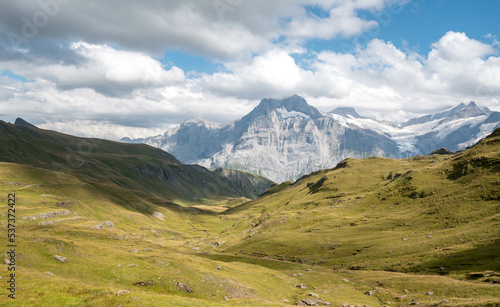 Great view of the Schreckhorn and Wetterhorn peaks. Location place Bachalpsee, Swiss alps, Switzerland, Grindelwald valley, Europe. Photo of popular tourist attraction. Discover the beauty of earth.