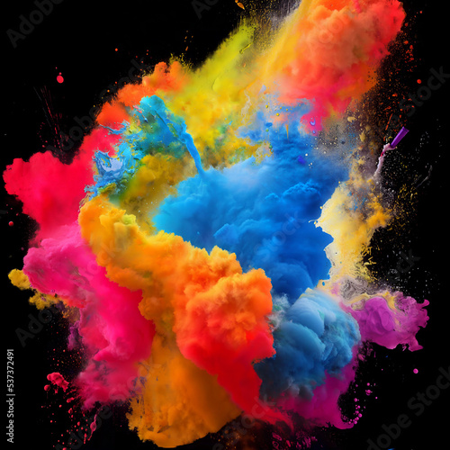 Explosion of vivid colors. Blue, orange, yellow, red and Purple abstract cloud of paint, ink and chalk particles flowing in water. Fantasy dream scape and artistic resource. Generative AI