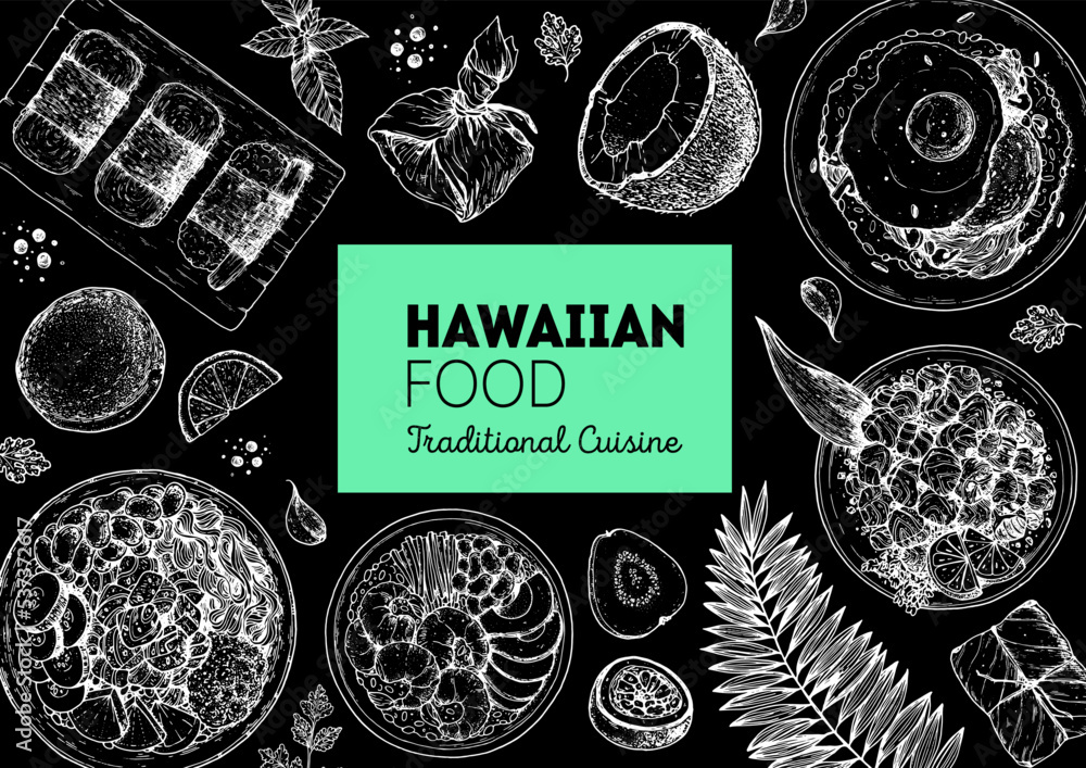 Hawaiian food top view vector illustration. Food menu design template