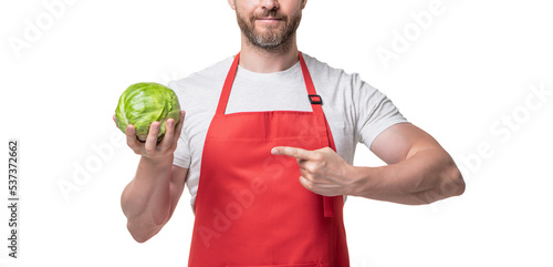 cropped view of man in apron with cabbage vegetable isolated on white. point finger © be free