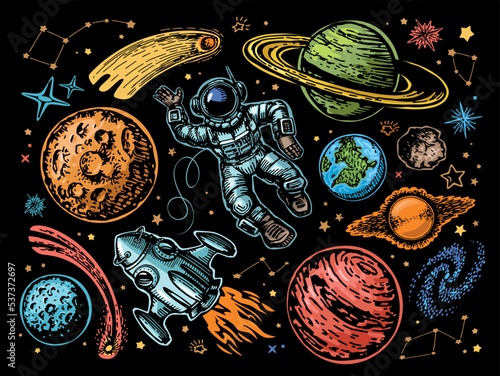 Space with planets, comets, constellations and stars, spaceship and astronaut. Astronomy, colorful night sky concept