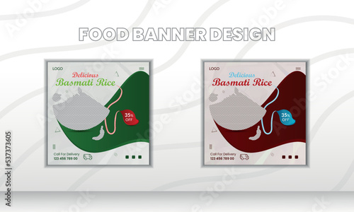 Delicious Basmati rice food banner design,Set of Editable square banners.Fast food restaurant business marketing social media post or web banner template design with abstract background, Vector illust