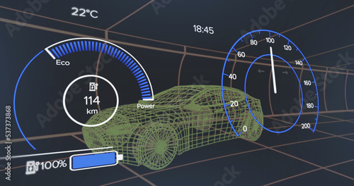 Composition of car interface over digital car on black background