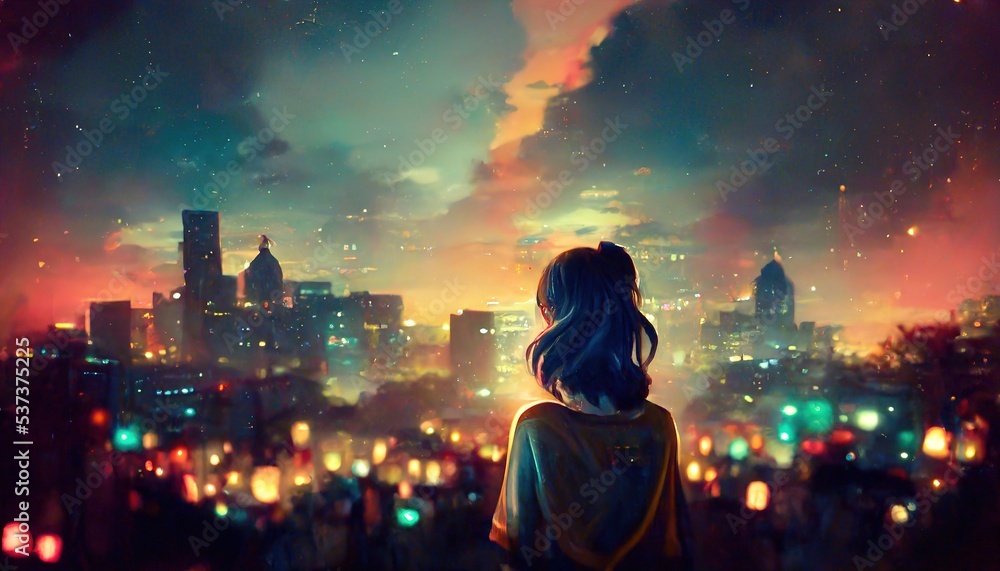 Cute Anime woman looking at the cityscape by night time. A sad, moody ...