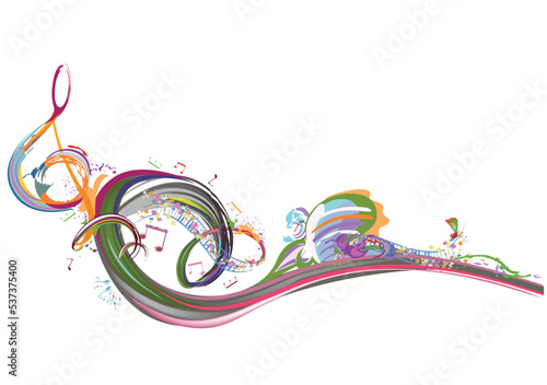 Abstract musical design with a colourful treble clef and musical waves, notes and splashes. Hand drawn vector illustration for t shirts, covers,  wallpaper, greeting cards, wall-art, invitations.