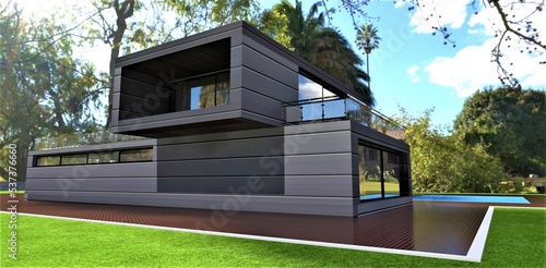 Modern eco-friendly cottage in a tropical park. Aesthetic sealed heat-efficient durable wall finishing material. A good banner for advertising technological townhouses. 3d rendering.