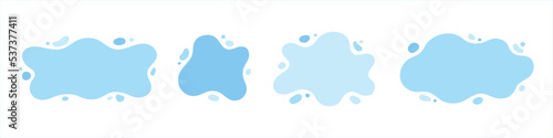 Blue water shapes set with uneven fluid wavy edge. Liquid watery graphic design elements collection, text backgrounds, frames. Paint spot, splashes, rounded blot, rain puddle, stain with drops, blobs.