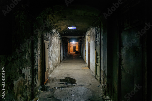 Dark corridor of old shabby dorm or appartment house © Mulderphoto