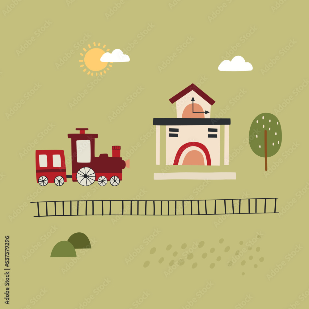 Train and railway station - cute vector composition for kids design. Cartoon hand drawn illustration. Child t shirt design idea.