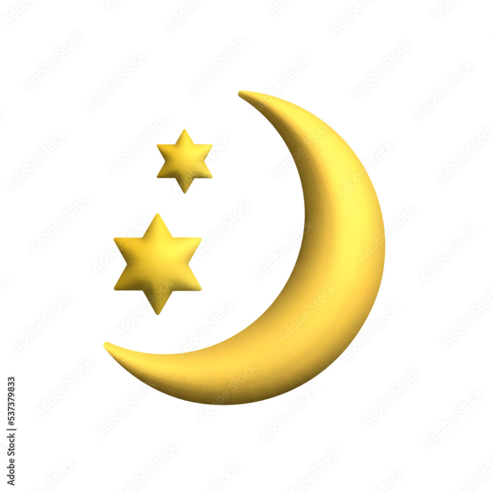 Yellow Crescent Moon and stars. 3d vector icon. Cartoon minimal style. Yellow Crescent Moon and stars. 3d vector icon. Cartoon minimal style.