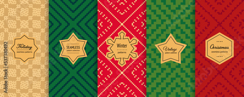 Christmas vector seamless patterns set. Trendy holiday background swatches with elegant labels. Winter nordic scandinavian style abstract textures. Ethnic folk motif. Retro vintage decorative design