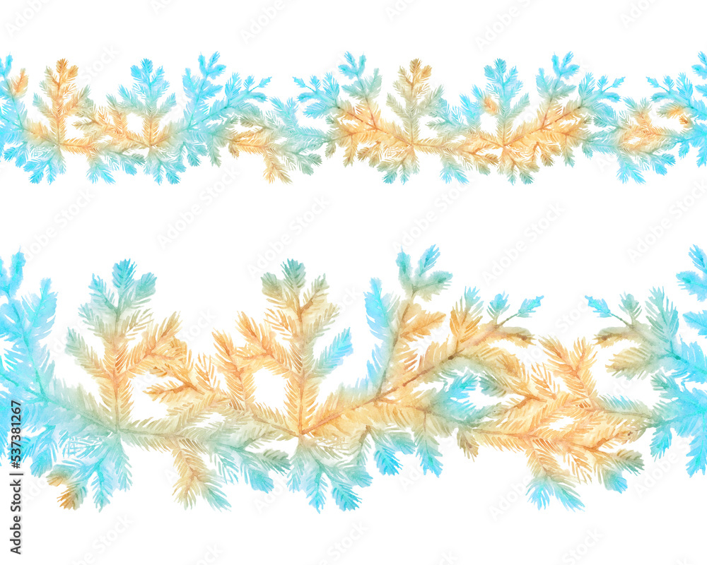 Gold and blue spruce branches. Christmas trees. Seamless border. Watercolor hand-drawn art. Artistic illustration on white background Gold and blue spruce branches. Christmas trees. Seamless border. Watercolor hand-drawn art. Artistic illustration on white background