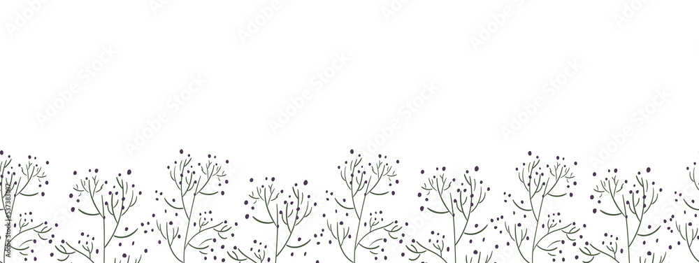 Gypsophila sprig border on a white background. Botanical seamless frame, banner for text placement. Rectangular vector illustration in naive style for promotion, discounts, advertising.
