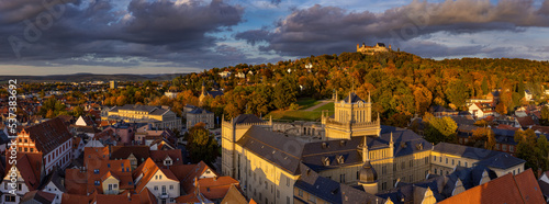 Coburg, Germany in Autumn at Golden Hour, view from Morizkirche (St. Maurice Church) towards Ehrenburg Palace and Coburg Fortress photo