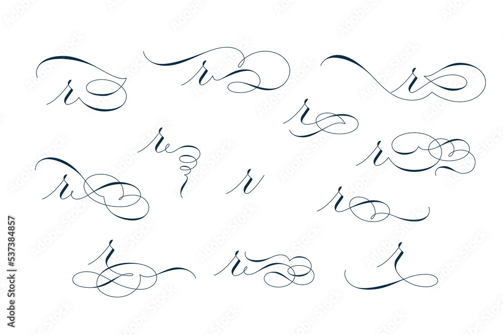 Set of beautiful calligraphic flourishes on letter r isolated on white background for decorating text and calligraphy on postcards or greetings cards. Vector illustration. - obrazy, fototapety, plakaty 