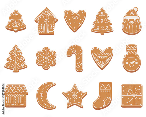 Set of Christmas gingerbread cookies in flat cartoon style.
