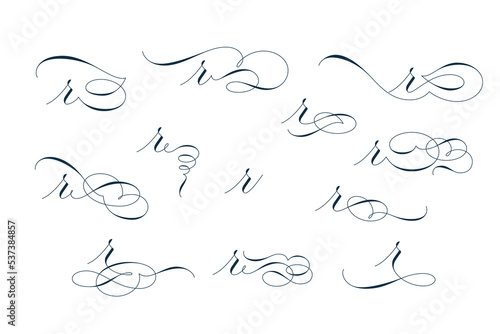 Set of beautiful calligraphic flourishes on letter r isolated on white background for decorating text and calligraphy on postcards or greetings cards. Vector illustration.