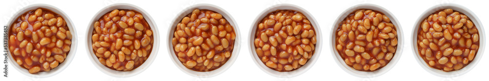Baked beans in tomato sauce in a white ceramic bowl isolated on white. Top view. Baked beans in tomato sauce in a white ceramic bowl isolated on white. Top view.