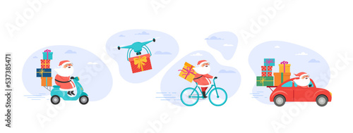 Christmas and holidays online delivery service concept, online order tracking, delivery home and office. Warehouse, truck, drone, scooter and bicycle courier Santa Claus