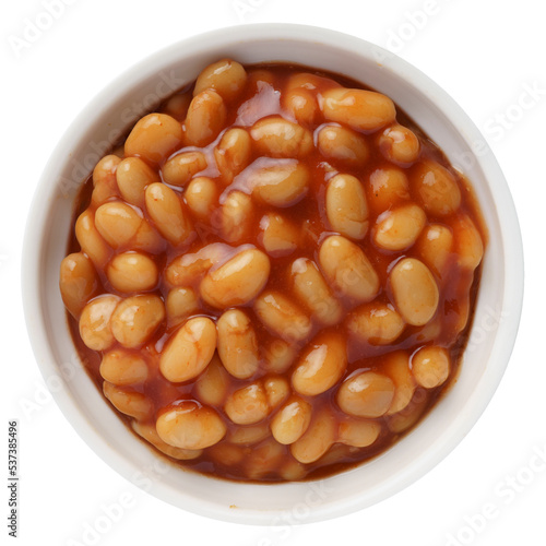 Baked beans in tomato sauce in a white ceramic bowl isolated on white. Top view.