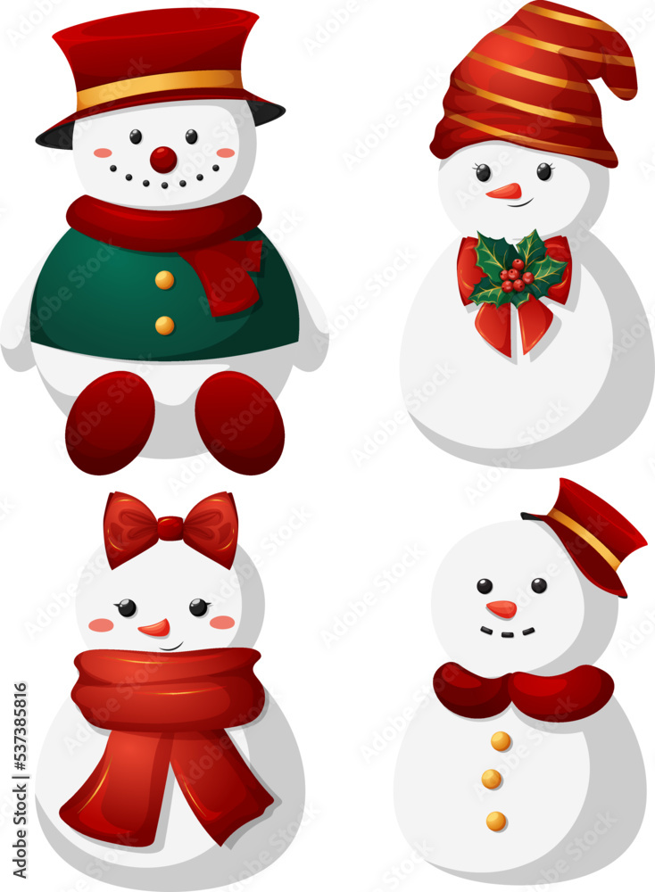 Set of cute snowmen in cartoon style isolated. Family of snowmen for children