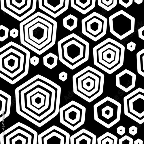 Vector. The texture of the contour hexagon. Monochrome, black and white, grey geometric seamless pattern. Mosaic abstract background. Hexagonal repeating hand drawn geometric polygon texture.