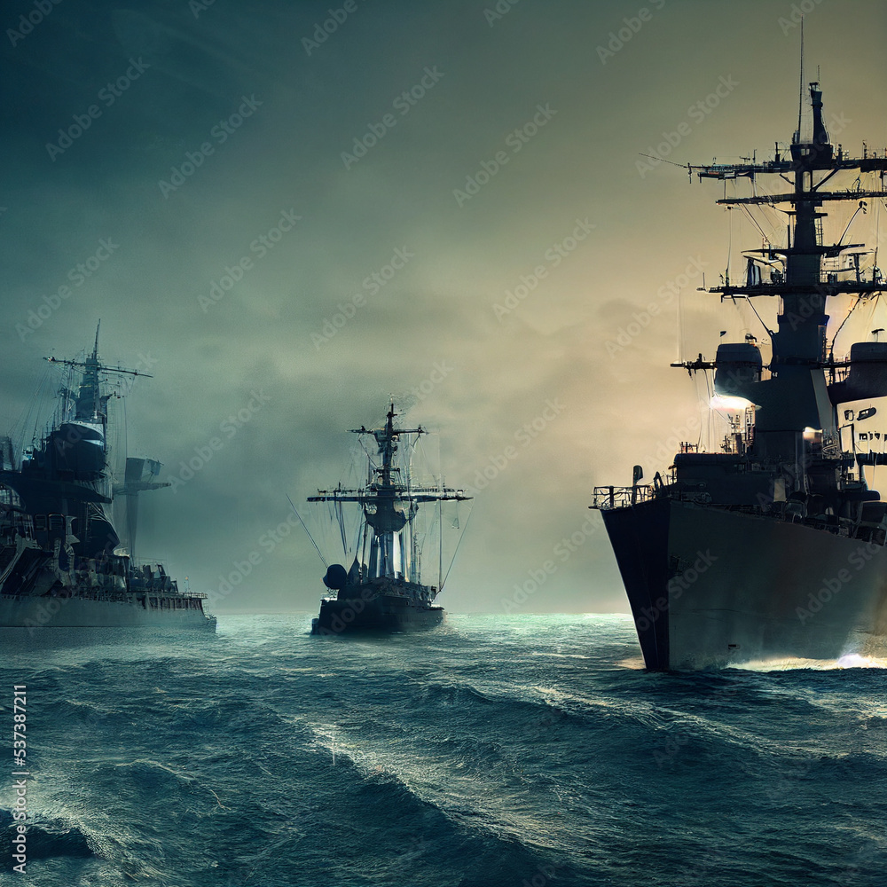 Fototapeta premium Warship in the stormy sea. 3D illustration