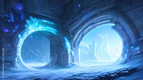 Fantasy fantastic futuristic ice frozen magic portal, blue neon, snow, ice, winter. 3D illustration