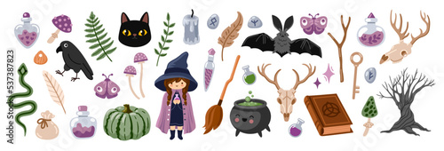 Witchcraft graphic elements set. Spell book, cauldron, magic potion, cute little witch, raven, black cat. Witch mystical attributes. Halloween collection of flat vector hand drawn illustrations.