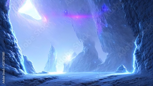 Fantasy fantastic futuristic ice frozen magic portal  blue neon  snow  ice  winter. 3D illustration