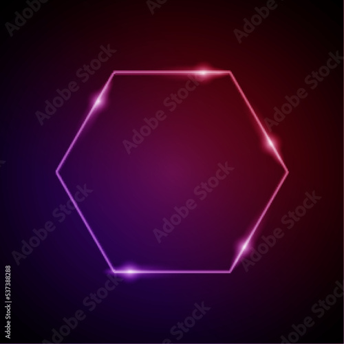 Neon Frame with Glow, and Sparkles. Electronic Luminous Heksagon Frame in Pink Colors, for Entertainment Message or Promotion Theme on Dark Background