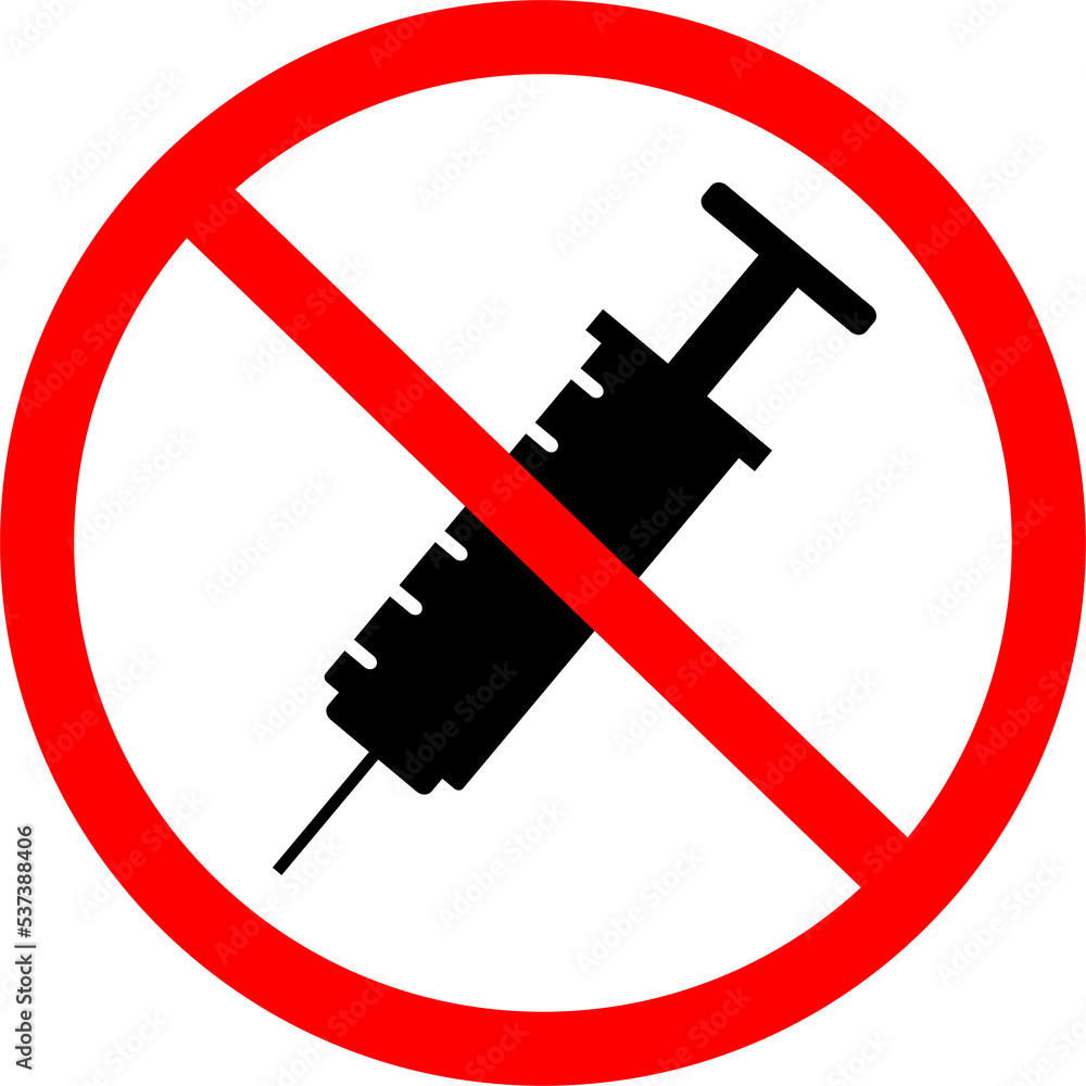 Prohibited syringe icon. No vaccination sign.