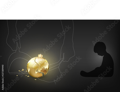 Broken Christmas golden ball. Human hands clean up a broken toy. Conceptual vector illustration of the fragility of the planet Earth.
