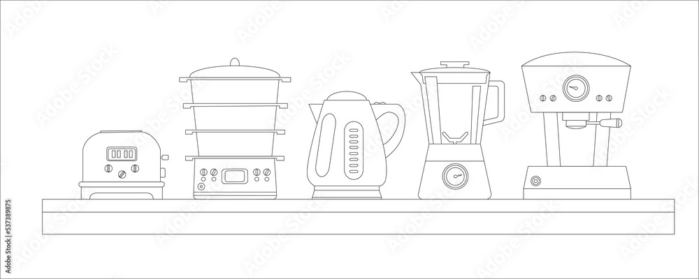 Naklejka premium Coffee machine, blender, double boiler, kettle, toaster. Home appliances, kitchen appliances. Outline vector illustration. Icons 