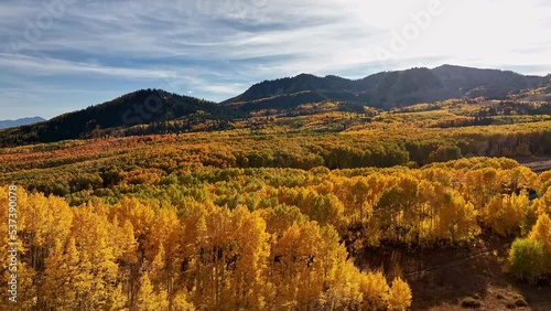 Aerial view slowly rotating viewing the colorful Autumn landscape in the Utah Mountains.