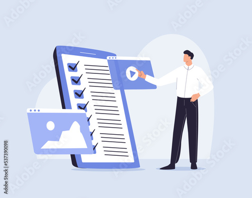 Young man standing near big smartphone and using smart phones, reading news and texting message to friends. Flat vector