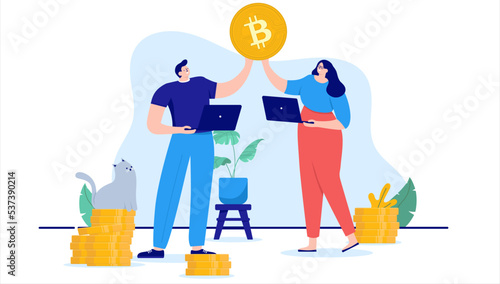 Happy Bitcoin couple - Man and woman in casual clothes holding big coin in hands. Flat design cartoon vector illustration with white background