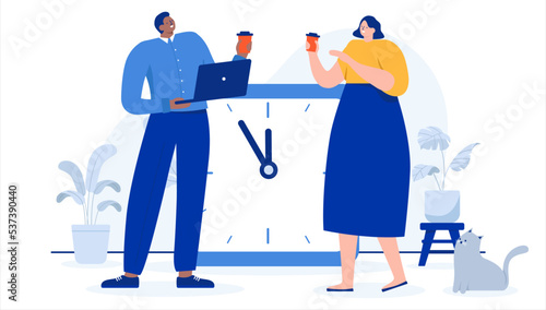 Coffee break at work - Vector illustration of man and woman taking a break from working, smiling and talking together. Flat design with white background