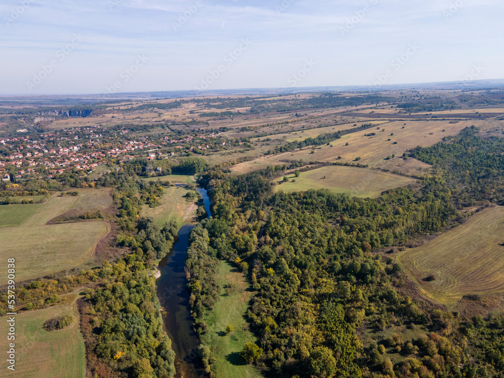 Aerial view of Vit river, passing near village of Aglen,  Bulgaria