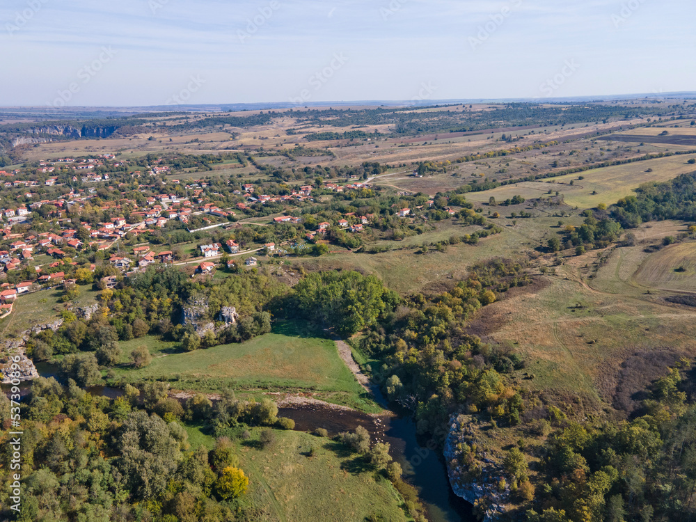 Aerial view of Vit river, passing near village of Aglen,  Bulgaria