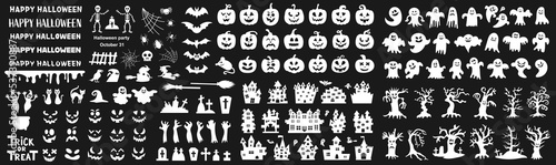 Big set of silhouettes of Halloween on a black background. Vector illustration.